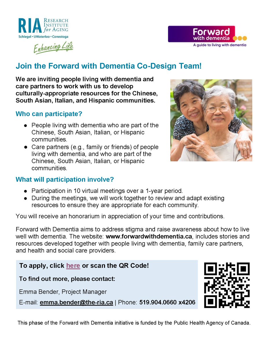 Researchers are inviting people living w/ dementia &amp; care partners who identify as Chinese, South Asian, Italian or Hispanic to join a co-design team to assist in the development of culturally-appropriate dementia resources.

Learn more: tinyurl.com/forward-with-d…