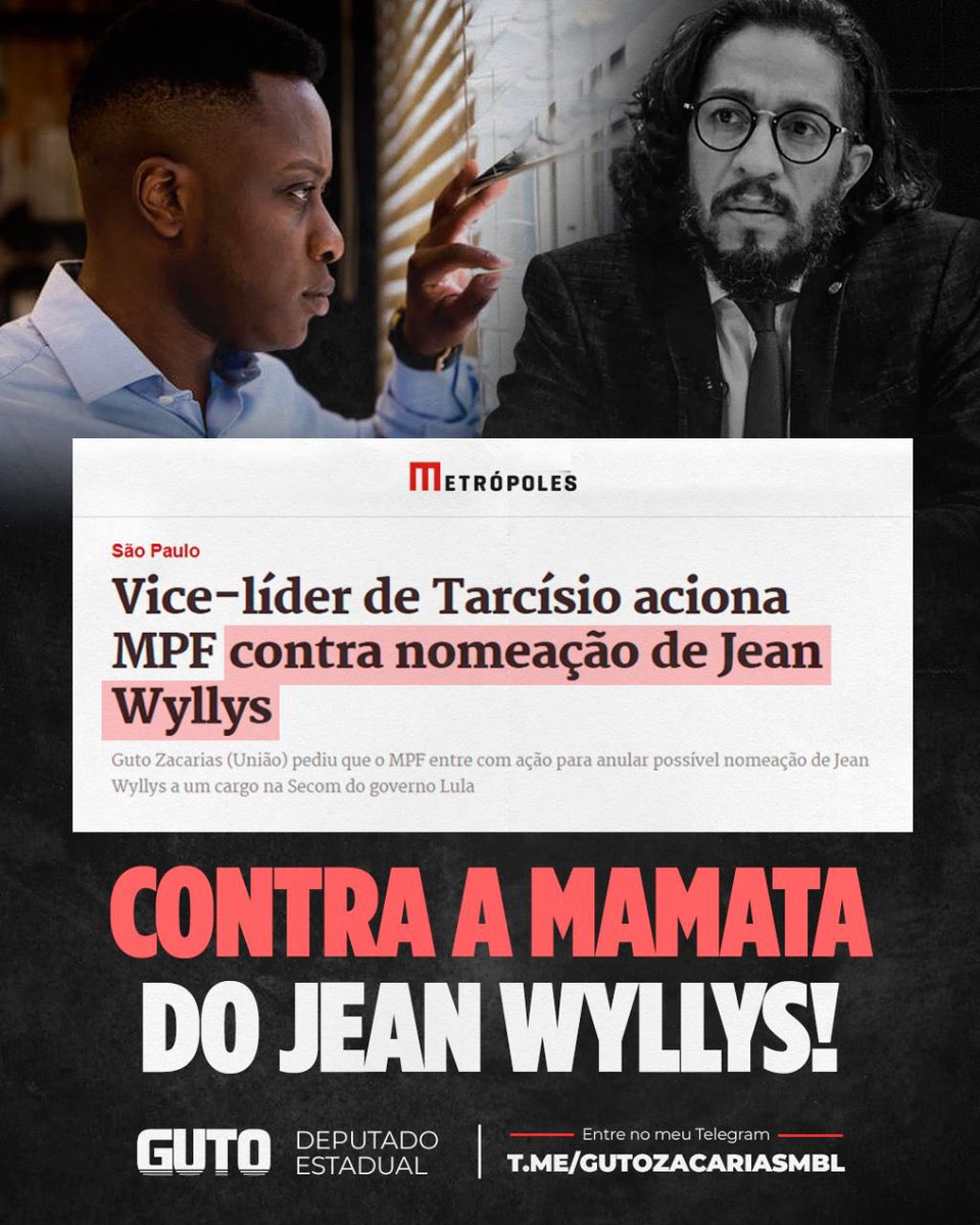 renato_battista's tweet photo. MBL, mais uma vez, na dianteira da oposição.

Meu amigo e deputado estadual @GutoZacariasMBL, entrou com uma ação no MPF contra a nomeação de Jean Wyllys na SECOM, já que isso fere a impessoalidade do cargo, dentre outras coisas.

Oposição de verdade se faz assim, com inteligência. 

Parabéns, Guto!