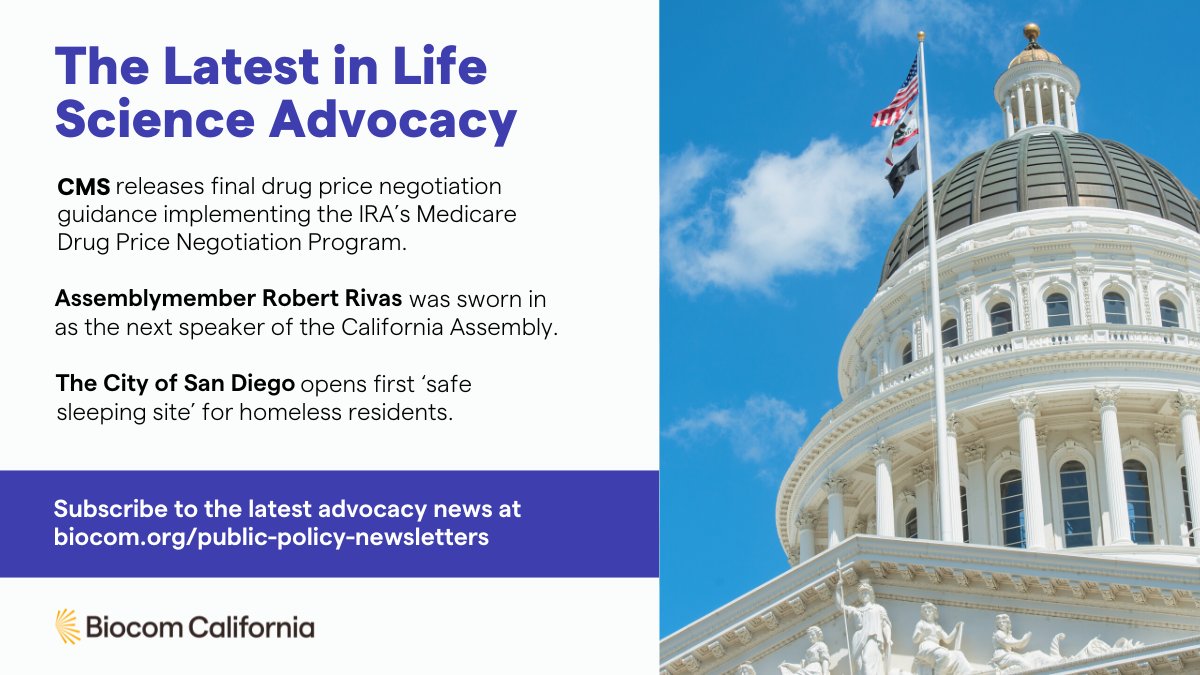 Biocom's tweet photo. Did you catch this month’s Public Policy newsletter? In it, read our mid-year policy update, our comments on CMS and EPA proposed changes, Assemblymember Robert Rivas sworn-in as California’s next speaker, and more. Subscribe at: https://t.co/YYMoZpw4iG https://t.co/WsgtI2Zzb8