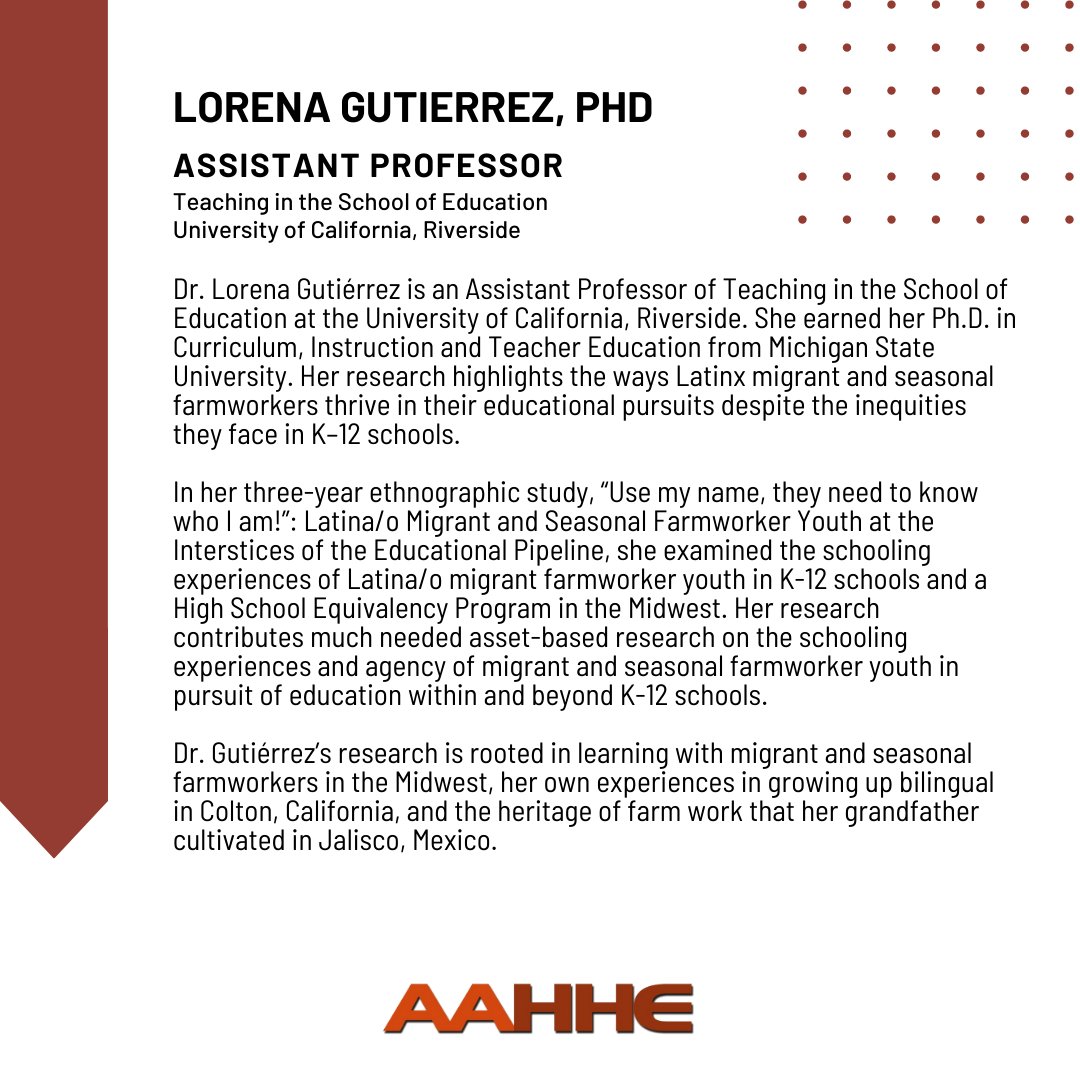 AAHHEorg's tweet photo. Congratulations to Dr. Lorena Gutierrez on being selected for the 2023 AAHHE Faculty Fellows Program! Learn more about the FFP at https://t.co/LonGgXXySG
#aahhe #highereducation #fellowshipprogram #hispanicsinhighered https://t.co/hp2YNJl8ws
