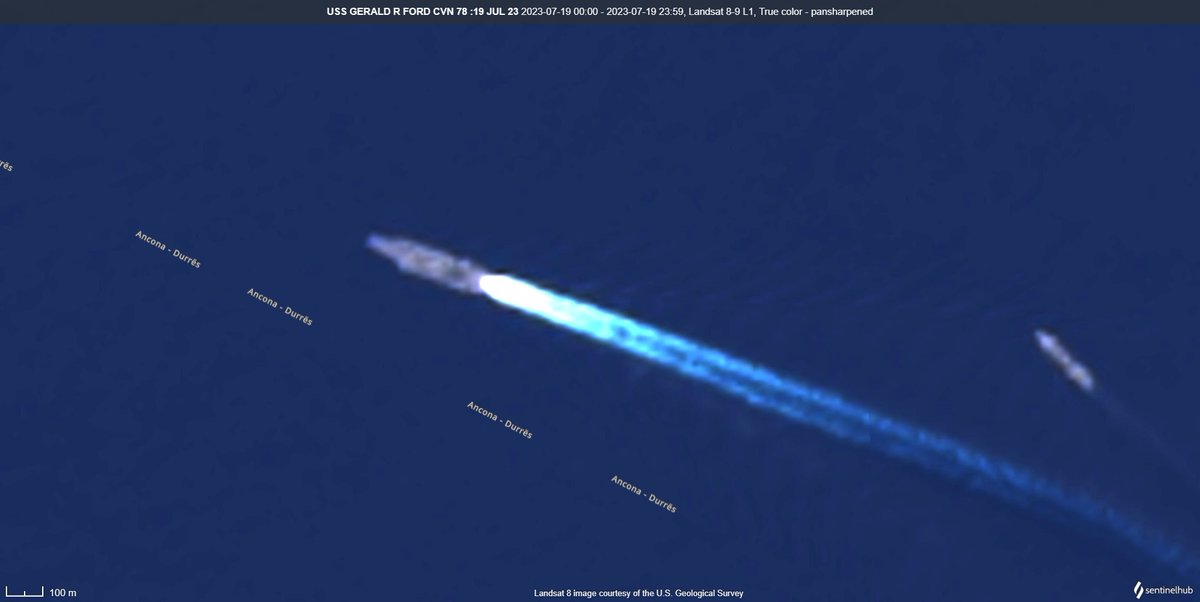 d_viekass's tweet photo. #CSG12 #GeraldRFord #CVN78 along with three escort ships operating in #AdriaticSea 19 Jul 23:09:28:15 UTC. 65 nm West of Bar. Loc: 41.967N,17.611E 📸#Landsat8_9 🛰️ @Moochikal @raje271065 @MT_Anderson @supbrow @NavyLookout @duandang @CeciliaSykala @kosmi64833127 https://t.co/KYjXo2fseM