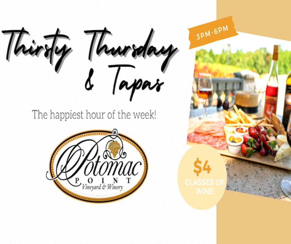 Thursdays call for the happiest hour of the week with Potomac Point Winery's 'Thirsty Thursday & Tapas' from 3-6 pm! Find things to do all week long in Stafford at TourStaffordVA.com/Events. 

#TourStaffordVA #StaffordVA #wine #winery #loveVA #VAwine