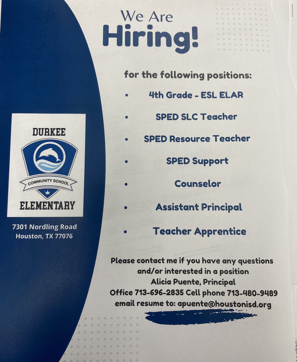 Alicia Puente (@aliciapuente713) on Twitter photo I’m looking for motivated and highly qualified candidates who enjoy working with children! 🐬<a href="/TeamDurkeeES/">Durkee Elementary</a> I’m looking for motivated and highly qualified candidates who enjoy working with children! 🐬<a href="/TeamDurkeeES/">Durkee Elementary</a>