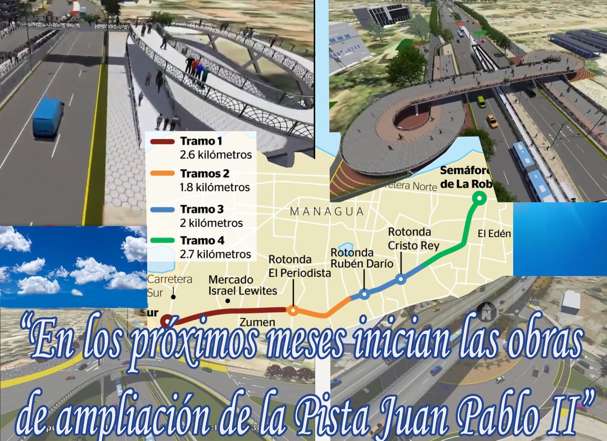 WillNavarro12's tweet photo. En los próximos meses inician las obras de ampliación de la Pista Juan Pablo II. Es una obra monumental y de trascendencia para el desarrollo de Managua. Atravesará toda la ciudad, tendrá 10 carriles, con rotondas, 5 pasos a desnivel etc. Financiada por el BEI y el BCIE. https://t.co/wAUgzNdcov