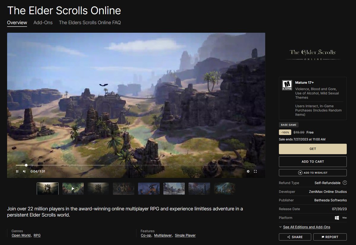 UESP_net's tweet photo. Elder Scrolls Online is currently completely free on the Epic Games Store. If you want to try ESO and are willing to use EGS, you have until July 27th to claim your free copy. https://t.co/mdgdg7yjGS