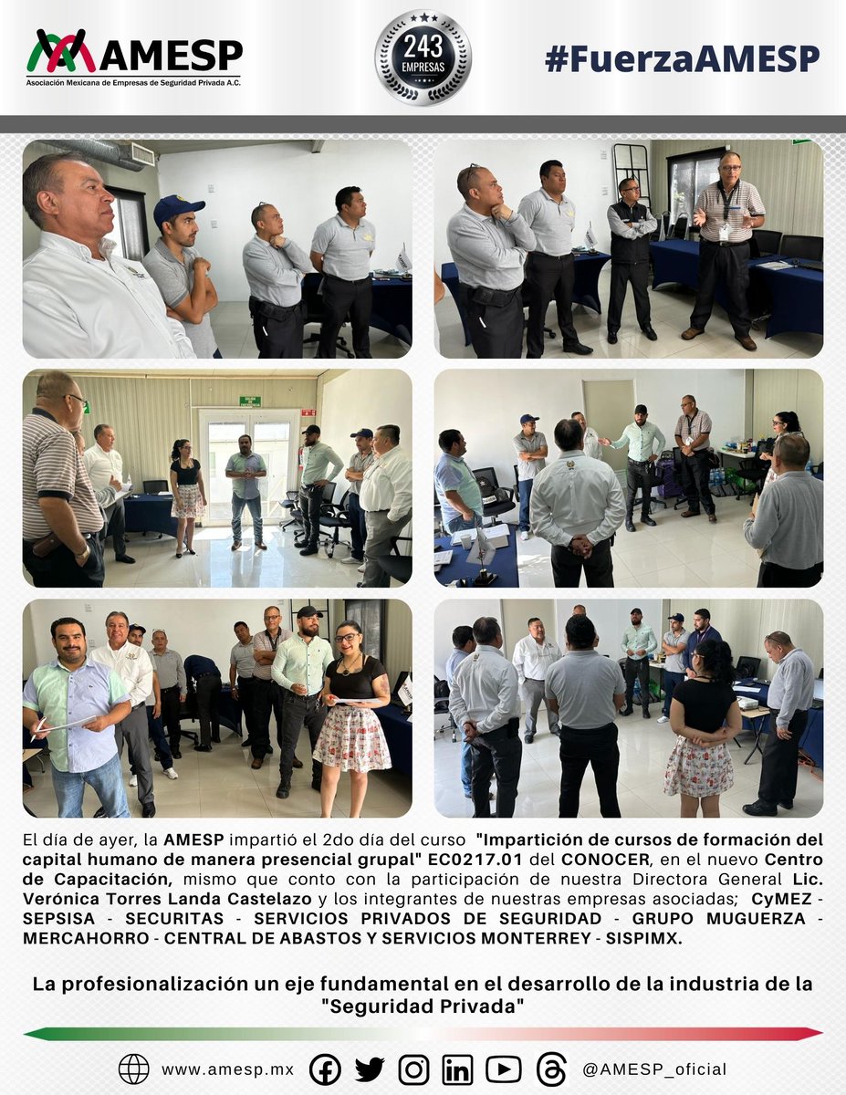 AMESP_oficial's tweet photo. "Comprometidos con la profesionalización del sector"
El día de ayer, la #AMESP impartió el 2do día de curso en el #EC0217.01 del CONOCER @ConocerMx en el nuevo Centro de Capacitación en el Estado de Nuevo León.
#SoyAMESP #HablemosBienDeLaSeguridad #FuerzaAMESP #TodosSomosAMESP https://t.co/zGO867oZoi
