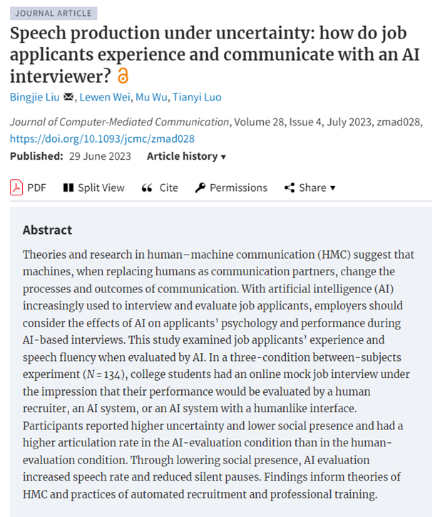 ica_jcmc's tweet photo. “Speech production under uncertainty: how do job applicants experience and communicate with an AI interviewer?” by Bingjie Liu, Lewen Wei, Mu Wu, and Tianyi Luo
https://t.co/H1sfHJvVDf https://t.co/J8GnS7qsGm