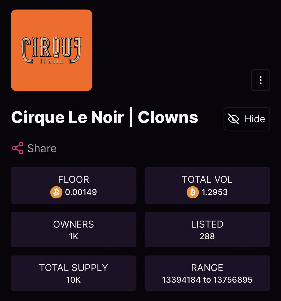 We have our eyes on Cirque Le Noir!

👀📈.

• Strong Community. 
• Relatively Low FP. 
• Great Art. 

Let’s make some noise! Like + RT 🎉

$BTC #BTC #Bitcoin #BRC20 #Ordinals