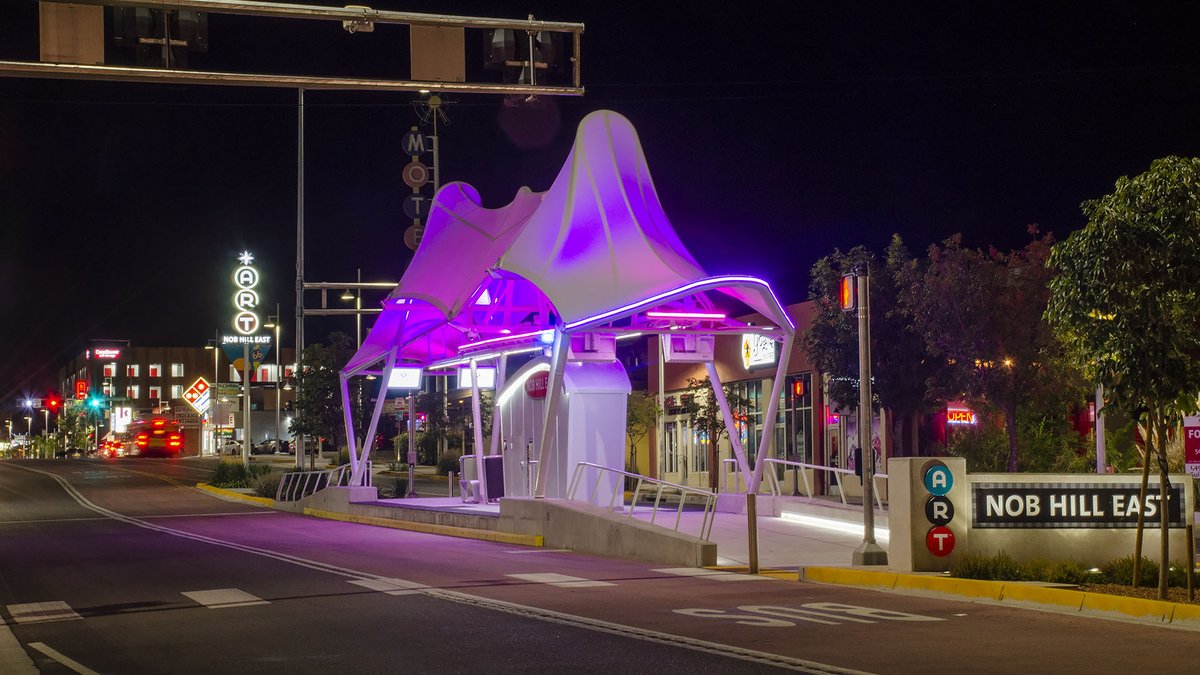 A bus station canopy from ETS is very versatile. During the day, the structure provides shade for patrons waiting for the bus in the Arizona heat. At night, the structure illuminates the station, providing safety and comfort. See more at hubs.ly/Q01Y9B030