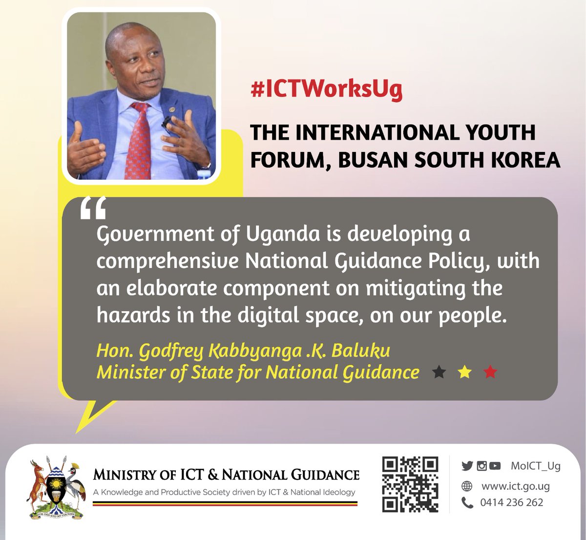 PrincessCheris4's tweet photo. "This conversation about the dangers, to the mind, arising from unregulated or ‘careless’ exposure to online environment is vital &amp; timely, in lieu of the current global digital revolution," @KabbyangaB State @MoICT_Ug, at the International Youth Forum Busan South Korea.#ICTWorks https://t.co/kv2AKVNjgu