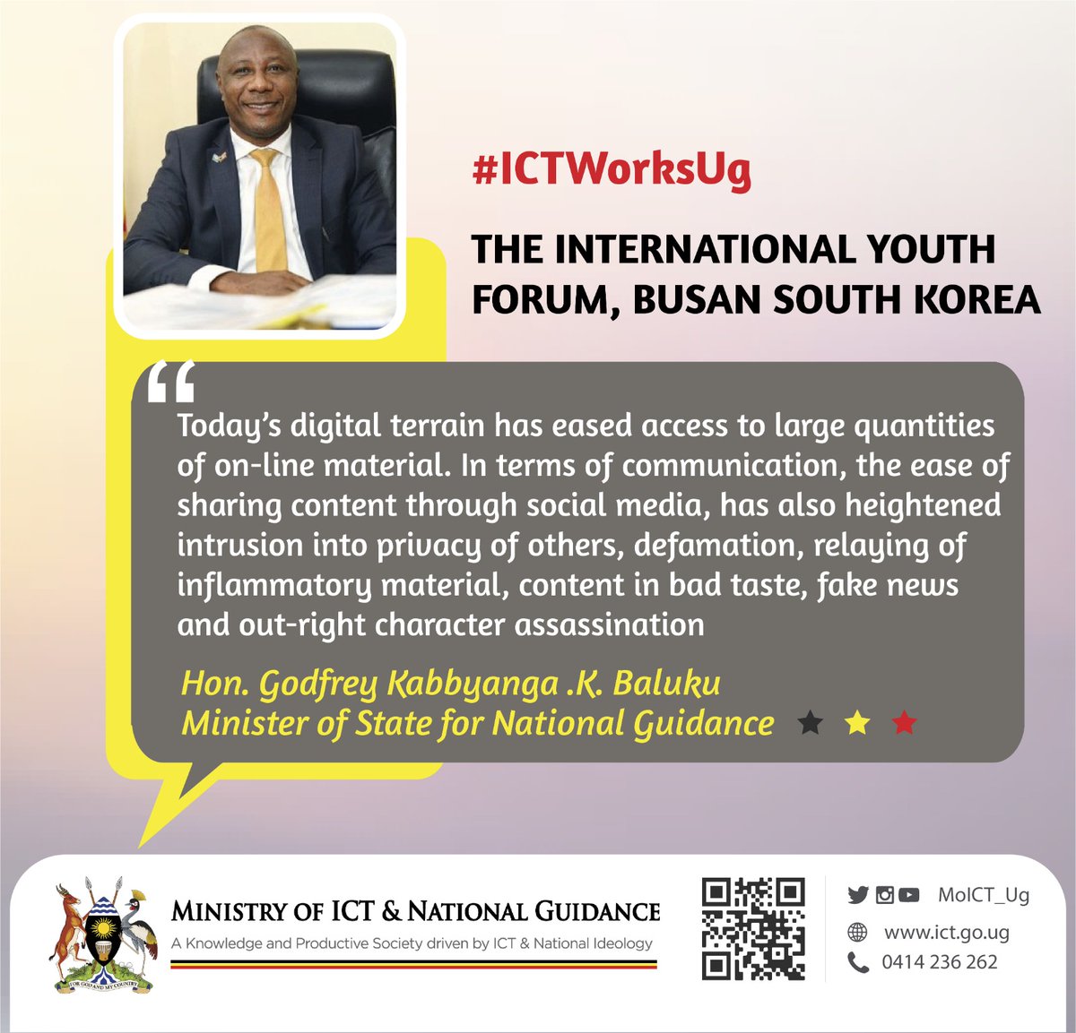 PrincessCheris4's tweet photo. "This conversation about the dangers, to the mind, arising from unregulated or ‘careless’ exposure to online environment is vital &amp; timely, in lieu of the current global digital revolution," @KabbyangaB State @MoICT_Ug, at the International Youth Forum Busan South Korea.#ICTWorks https://t.co/kv2AKVNjgu