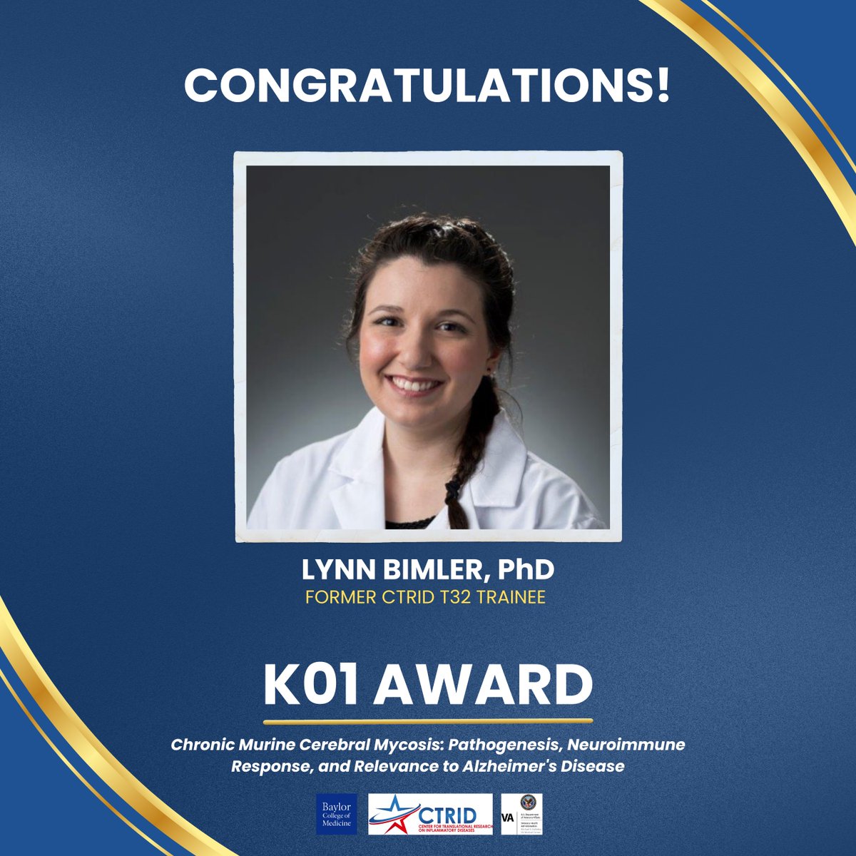 BCM_CTRID's tweet photo. Congratulations to former #CTRID #T32 trainee Dr. Lynn Bimler who recently received a #K01 Award from the National Institute of Aging @NIHAging for Chronic Murine Cerebral Mycosis: Pathogenesis, Neuroimmune Response, and Relevance to Alzheimer's Disease! ๐๐ https://t.co/3h5yv8vN3n