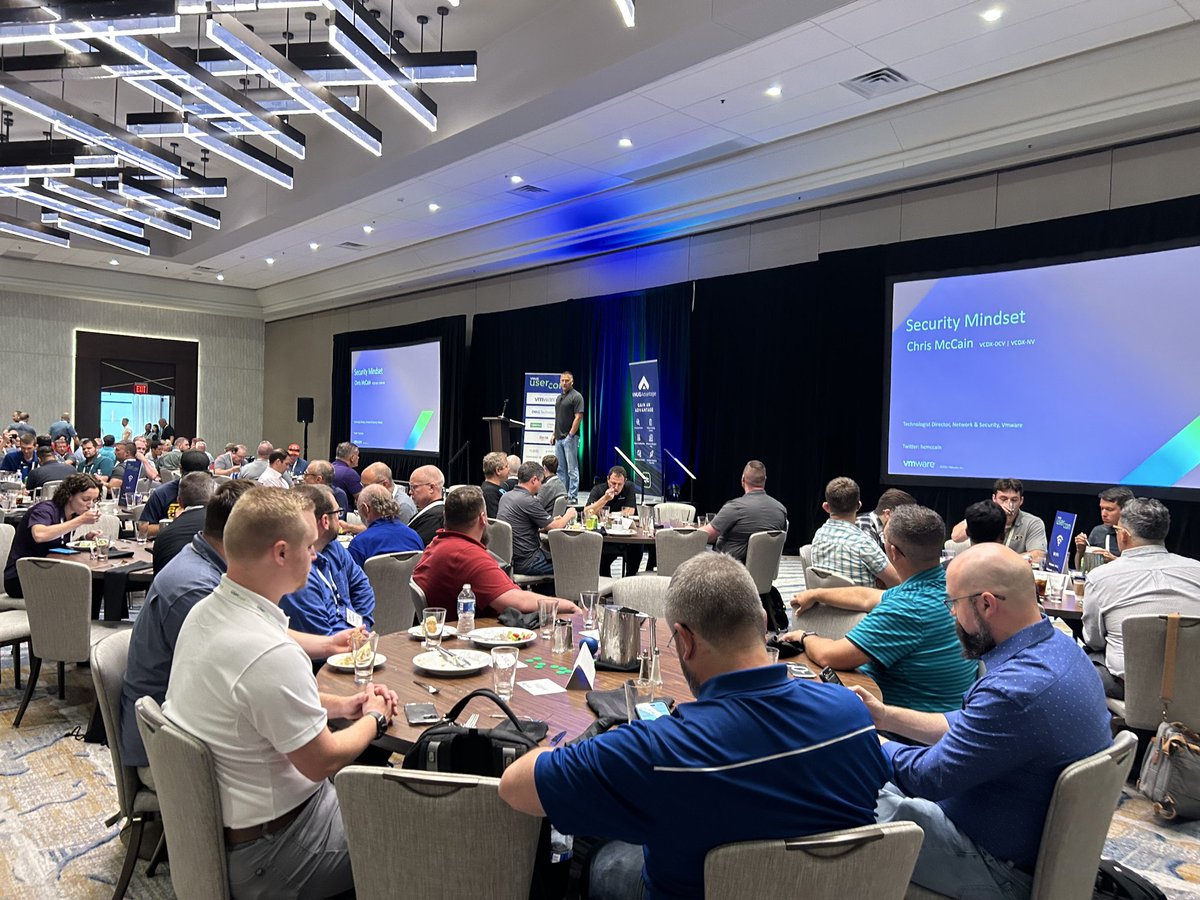 MyVMUG's tweet image. Squeeze on in! @hcmccain’s lunch keynote, The Security Mindset, is packed! @IndyVMUG #VMUGUserCon #vSphere