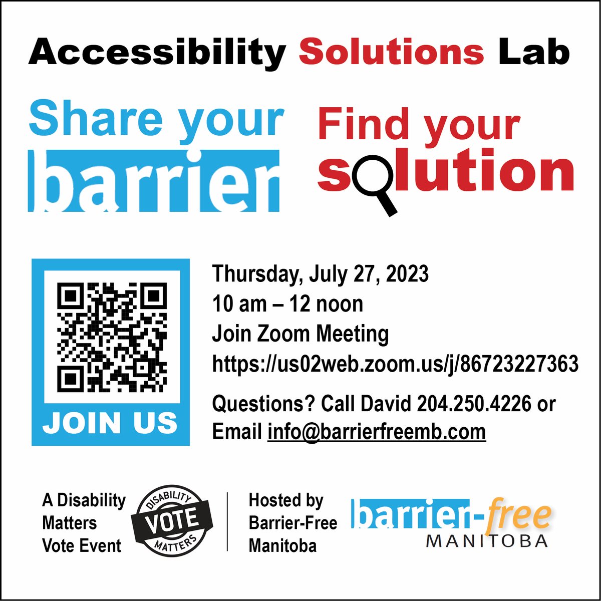 DMVoteMB's tweet photo. Join us virtually to crowd-source solutions at our Accessibility Solutions Lab
Thursday, July 27th, 2023 from 10 a.m. to 12 noon
Join Zoom meeting via this link - https://t.co/uC8UYzaXZA
For more information, please see our Facebook post!
#DMVote https://t.co/z444WDkBdE