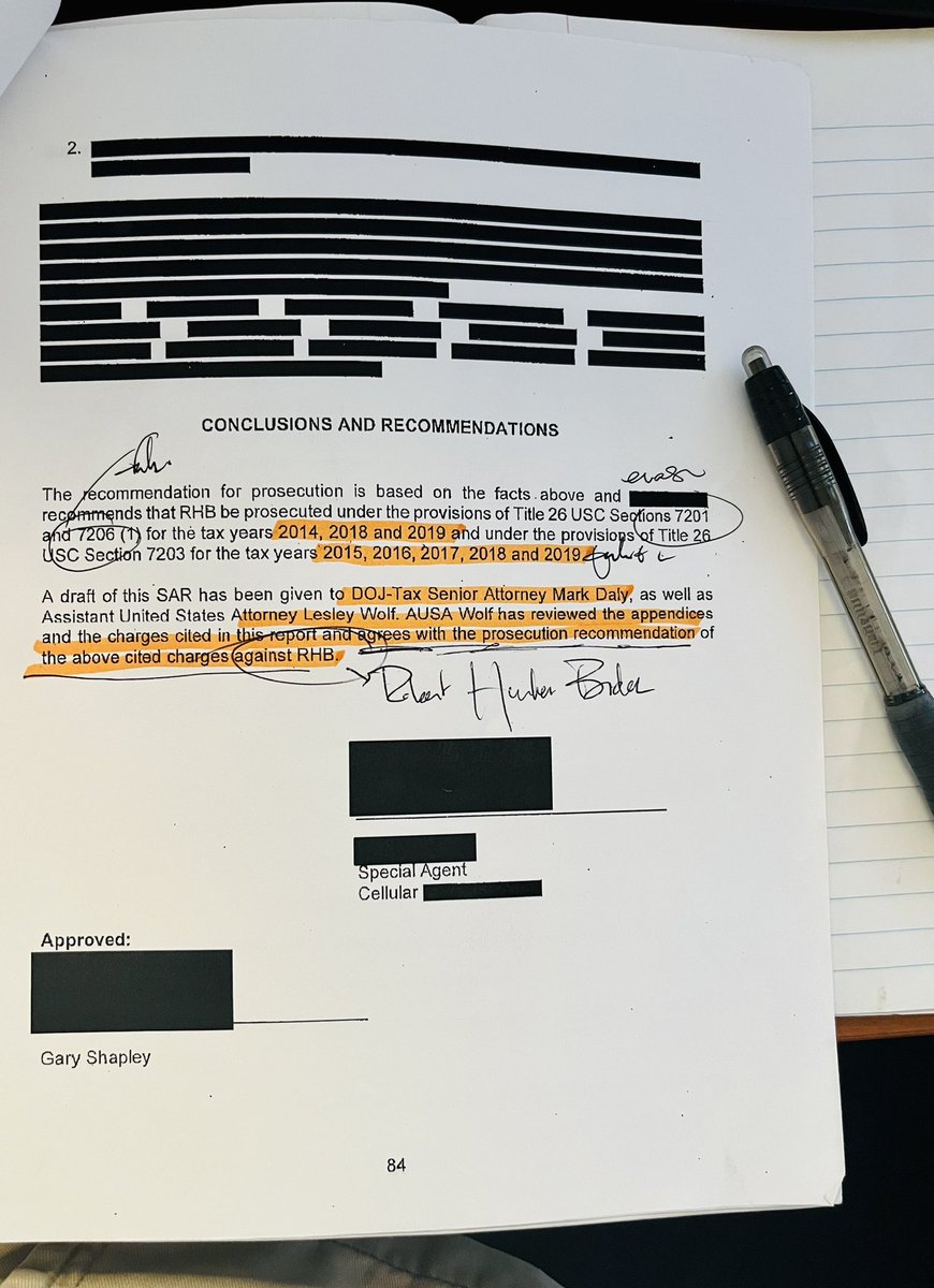 C__Herridge's tweet photo. IRS Whistleblower Joseph Ziegler drafted this prosecution report late 2021. Multiple felony, misdemeanor charges span 2014, 2015, 2016, 2017, 2018, 2019. NOTE: DOJ-Tax Mark Daly, AUSA Lesley Wolf “agrees with the prosecution recommendation of the above cited charges against RHB” https://t.co/ZJOYibFtJr