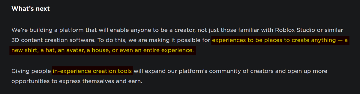 <a href="/Roblox/">Roblox</a> beyond stoked that Roblox is FINALLY making public its intention for in-experience asset creation, one of my big pitches during my time in the accelerator! excited for what this means for building games like <a href="/_LittleIslands/">Little Islands</a> that power users' imagination, way to go team! 🙌🔥