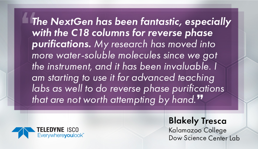We are excited to share this testimonial from Kalamazoo College about their experience with our CombiFlash NextGen and C18 RediSep Columns for reverse phase purifications.
#CombiFlashNextGen #C18Columns #redisep