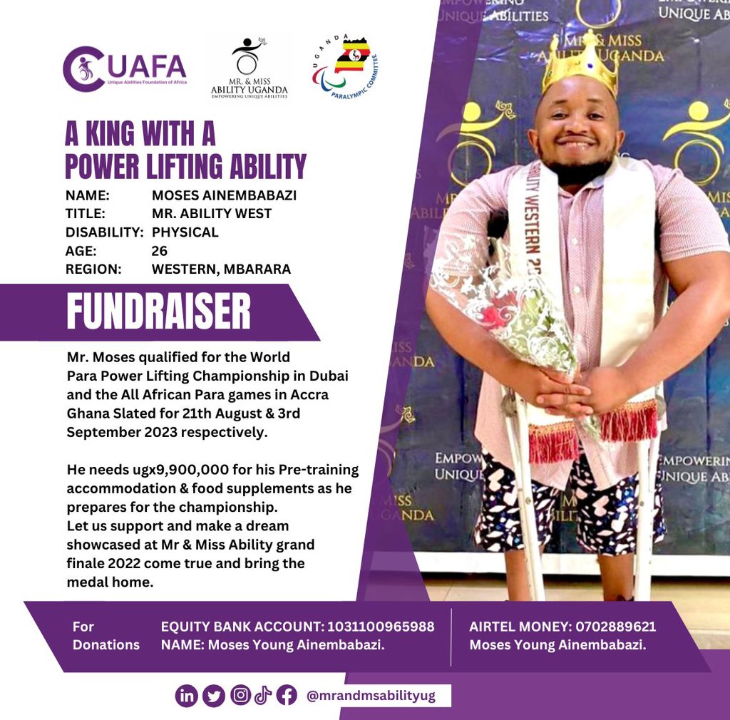 BugembeNelson's tweet photo. At @MrAndMsAbility we believe in the power of dreams,we believe that in unity there is strengthπͺ
Kindly join us as we make the dream of Mr Ability western Mr Ainembazi Moses come trueππΏ
#empoweringuniqueabilities
#SupportAdream https://t.co/CdIm8dUXE8