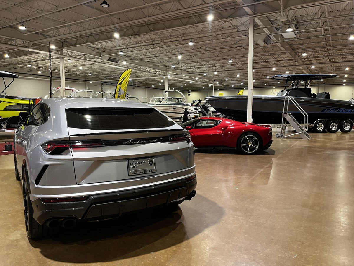 Ken_Ambrose's tweet photo. Boardwalk Ferrari and Lamborghini Dallas representing at the Dallas Boat Show at Dallas Market Hall. Stop by and say hello at the Legend Marine Group exhibit this weekend. https://t.co/h3y7WBs2xB