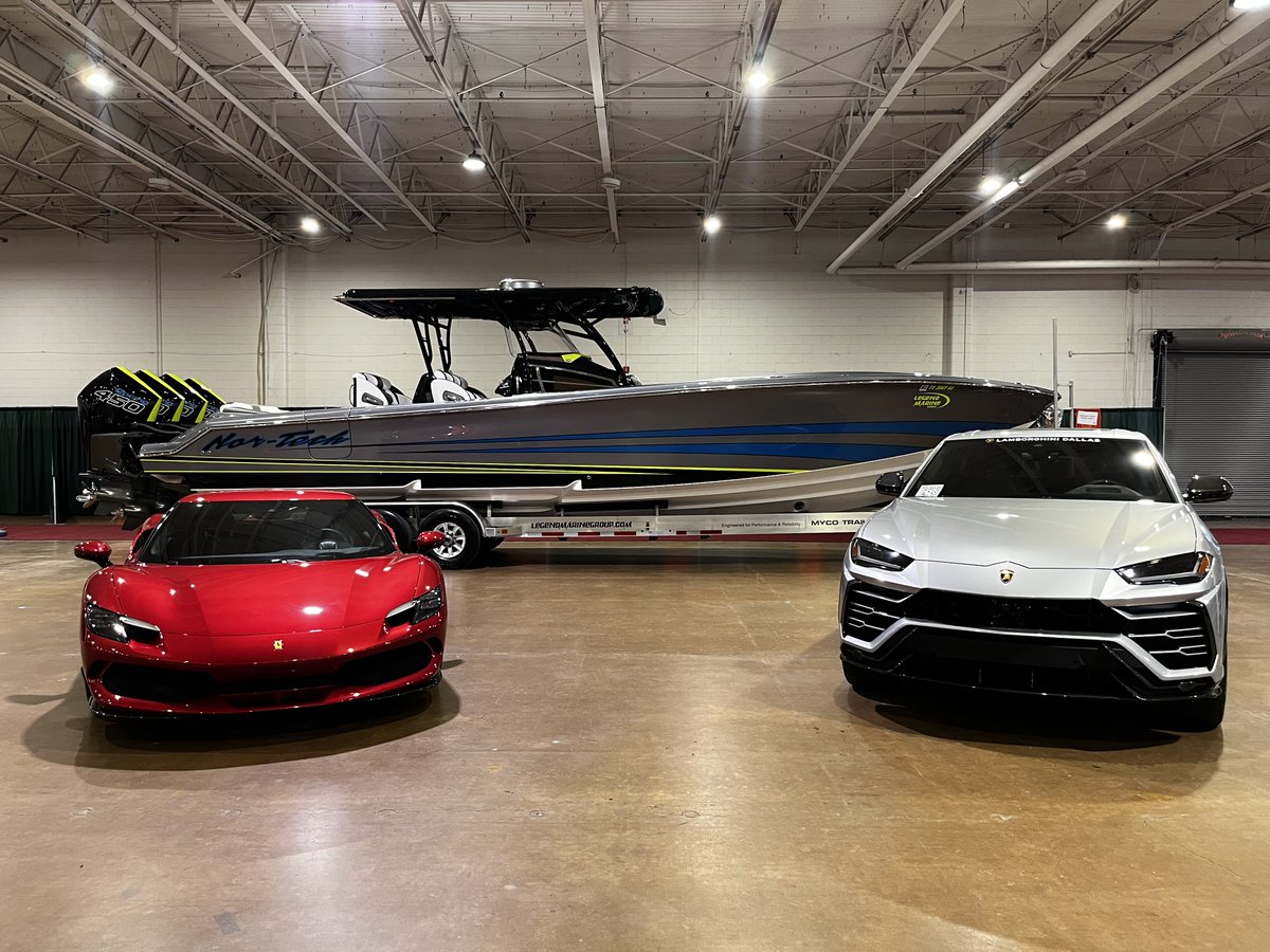 Ken_Ambrose's tweet photo. Boardwalk Ferrari and Lamborghini Dallas representing at the Dallas Boat Show at Dallas Market Hall. Stop by and say hello at the Legend Marine Group exhibit this weekend. https://t.co/h3y7WBs2xB