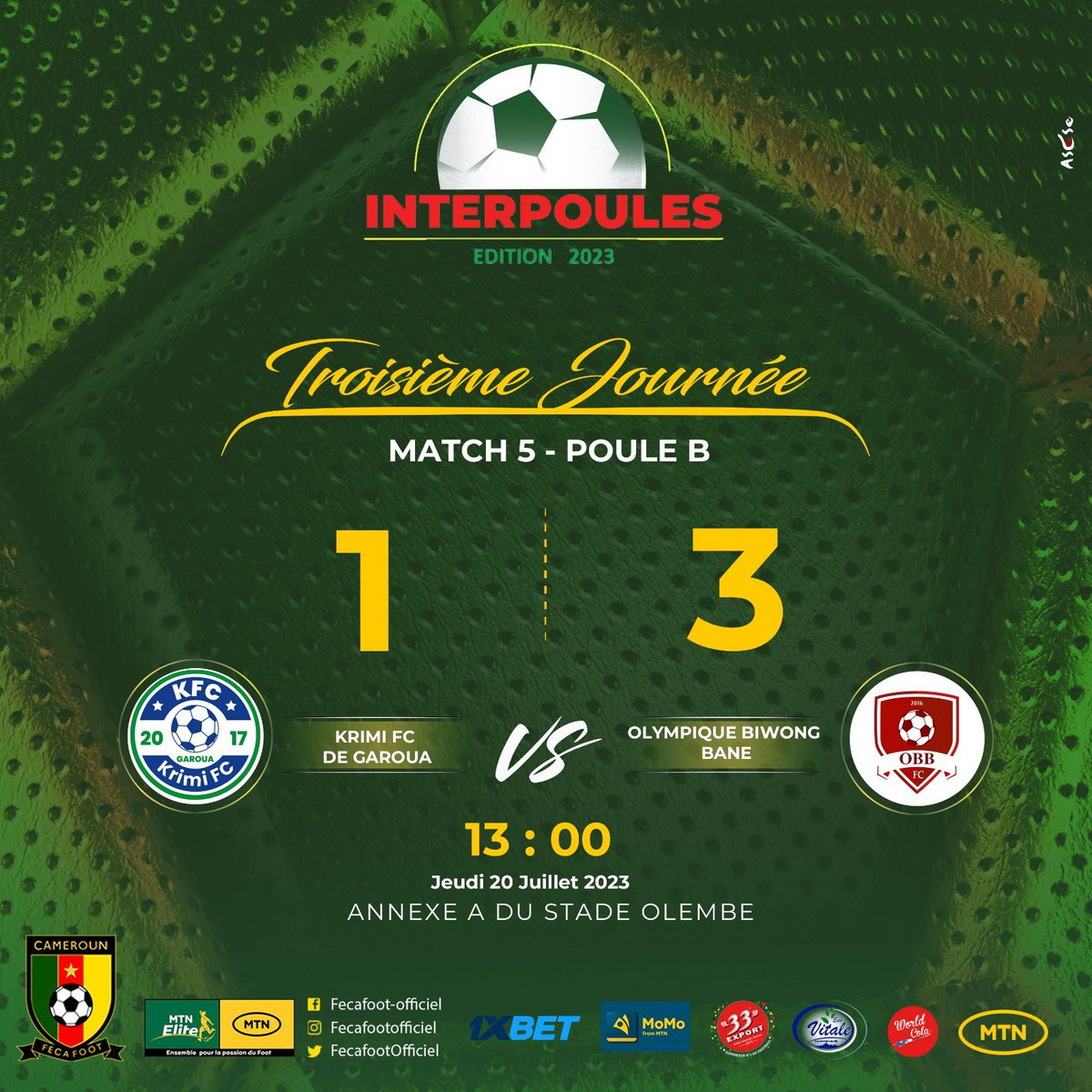 FecafootOfficie's tweet photo. #InterpoulesYaounde2023

Les résultats du jour. 

📅 20/07/2023
🏟️ Annexe A du stade Olembe 
#DAY3
#PouleB https://t.co/6lr5Ok2oq5