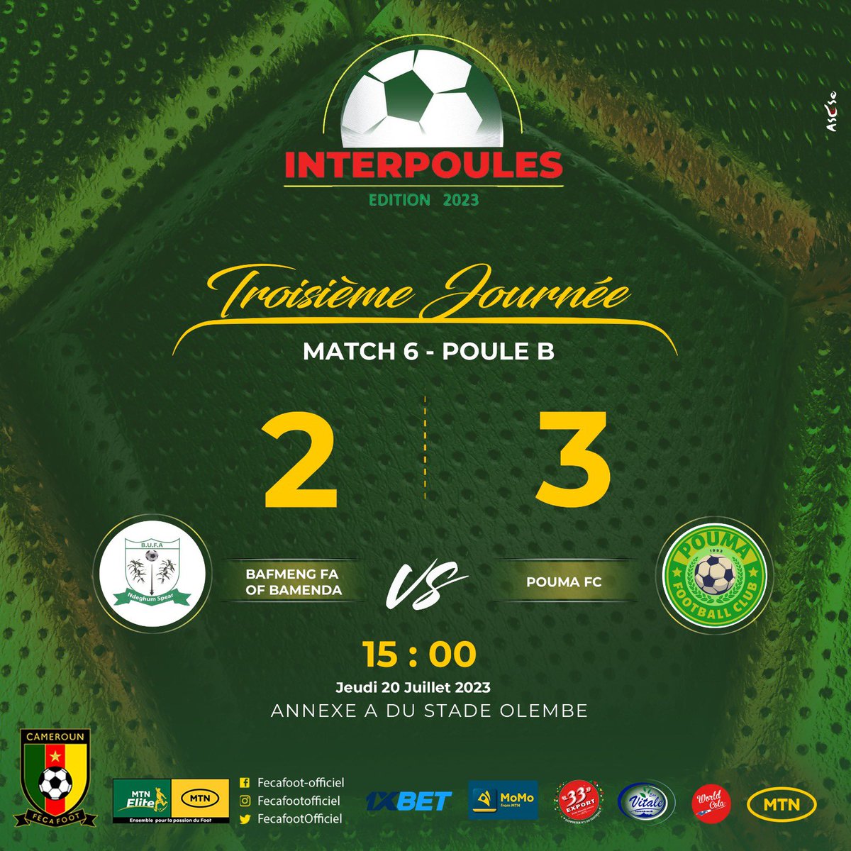 FecafootOfficie's tweet photo. #InterpoulesYaounde2023

Les résultats du jour. 

📅 20/07/2023
🏟️ Annexe A du stade Olembe 
#DAY3
#PouleB https://t.co/6lr5Ok2oq5