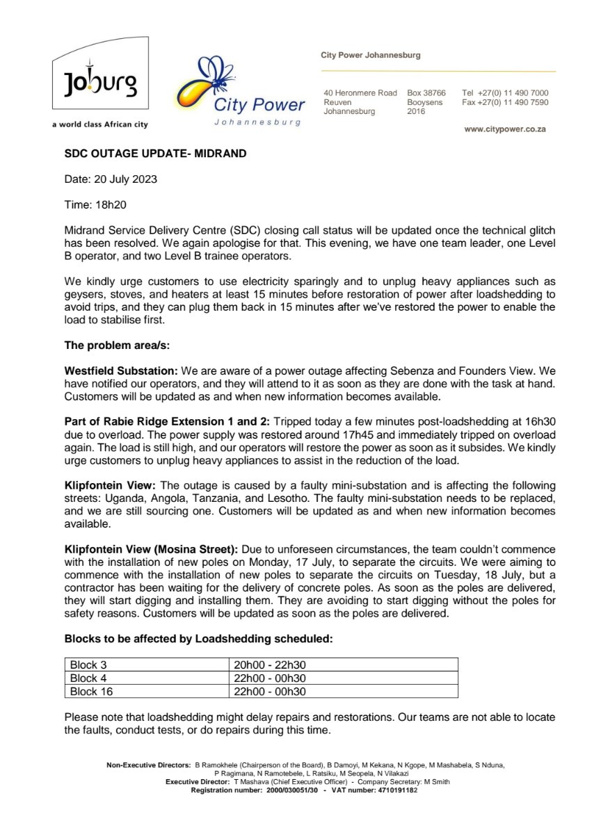 CityPowerJhb's tweet photo. #OutageUpdate #MidrandSDC
#WestfieldSubstation
#RabieRidgeExtension1&2
#KlipfonteinView
#KlipfonteinView(Mosina Street)
Kindly note the update below: π ^KM https://t.co/t4mwvVm8Ie