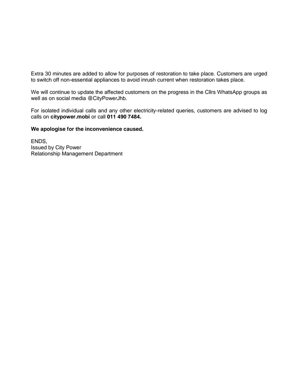 CityPowerJhb's tweet photo. #OutageUpdate #MidrandSDC
#WestfieldSubstation
#RabieRidgeExtension1&2
#KlipfonteinView
#KlipfonteinView(Mosina Street)
Kindly note the update below: π ^KM https://t.co/t4mwvVm8Ie