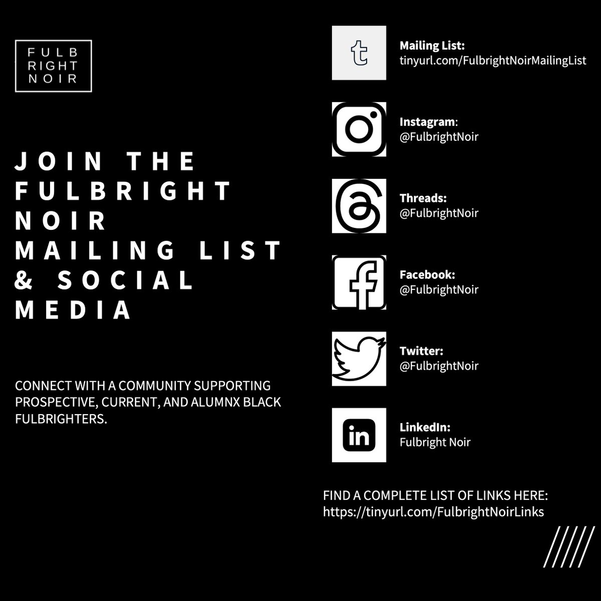 Stay up to date on our events and help us grow the @FulbrightNoir community by joining our mailing list and following our social media.

See a complete list of links here: tinyurl.com/FulbrightNoirL…

#fulbright #fulbrightnoir #fulbrightdiversity #fulbrightscholarship #blackstories