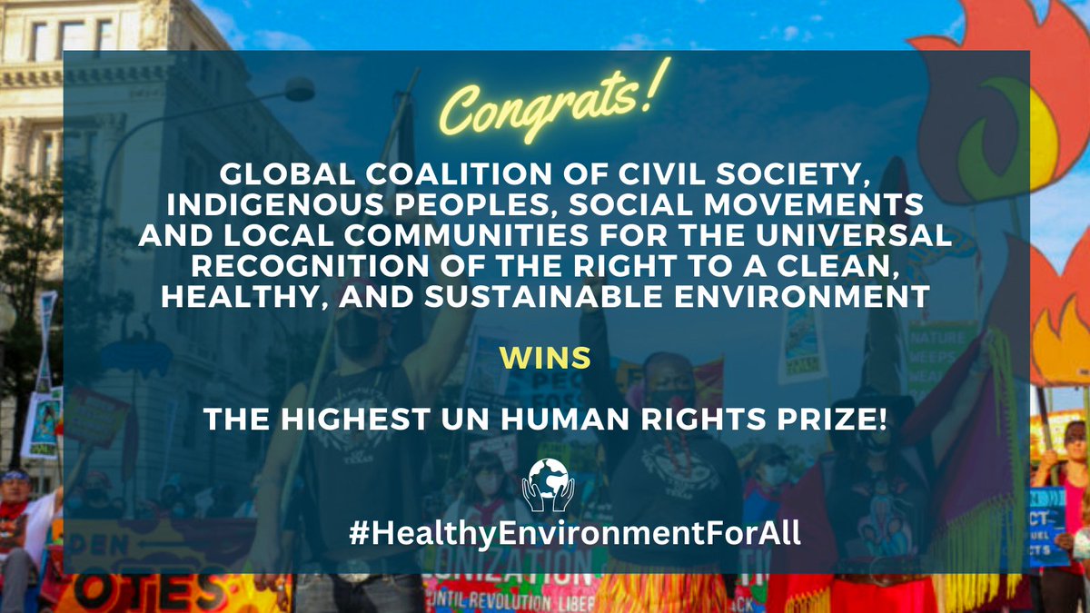Center for International Environmental Law (@ciel_tweets) on Twitter photo 💥NEW💥
The Global Coalition of Civil Society, Indigenous Peoples, Social Movements & Local Communities for the Universal Recognition of the Right to a #HealthyEnvironmentForAll won <a href="/UN/">United Nations</a> #HumanRights prize 2023.
👏An impressive recognition of #PeoplePower:
healthyenvironmentisaright.org/right-to-a-hea… 💥NEW💥
The Global Coalition of Civil Society, Indigenous Peoples, Social Movements & Local Communities for the Universal Recognition of the Right to a #HealthyEnvironmentForAll won <a href="/UN/">United Nations</a> #HumanRights prize 2023.
👏An impressive recognition of #PeoplePower:
healthyenvironmentisaright.org/right-to-a-hea…
