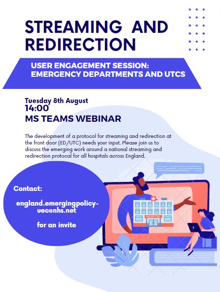 Emergency Department (inc UTC) Streaming and redirection.. come and share your thoughts on the emerging national work to support hospitals across England.