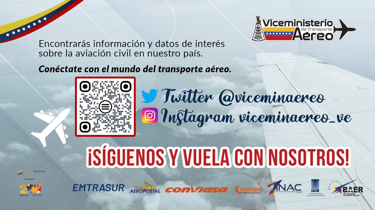 #InfoAéreo || Sigue las cuentas del Viceministerio de Transporte Aéreo en Twitter (<a href="/viceminaereo/">Viceministerio de Transporte Aéreo MPPT</a>) e Instagram (viceminaereo_ve).

¡Síguenos y vuela con nosotros. 📷!