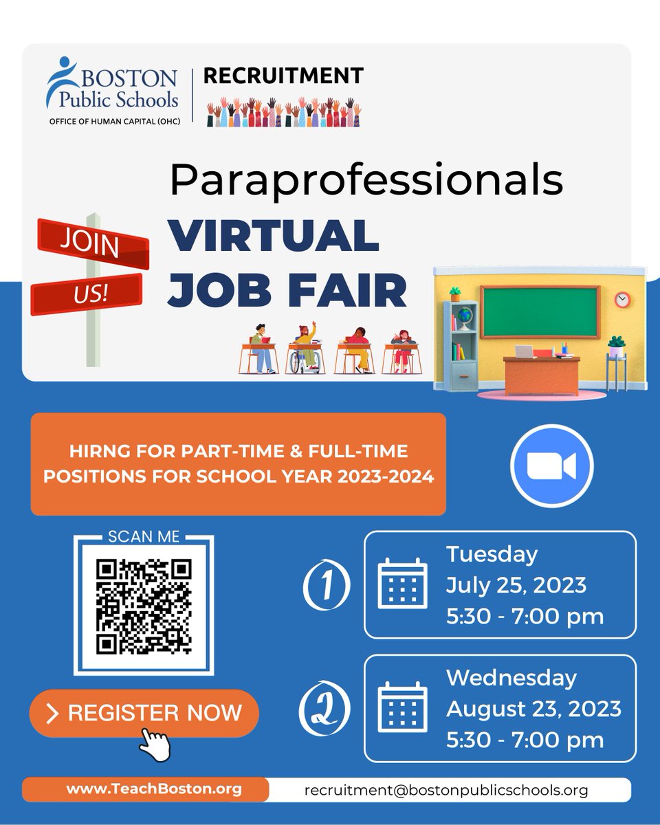 EdforBoston's tweet photo. If you’re interested in working as a @BostonSchools  paraprofessional in the upcoming 2023-2024 school year, BPS will host a paraprofessional virtual career fair next Tues, 7/25 from 5:30 - 7:00PM. Pay rates are between $23-$33/hour. RSVP here: https://t.co/fB4UGxYfDI #bospoli https://t.co/GYM75wPlJ1