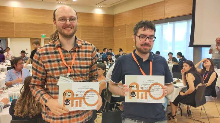 Just received this picture of happy winners of a best paper award for our Direct-style Effect Notation for Sequential and Parallel Programs 🏆🥳🎉 Congratulations @drcicer, T. Böhler, and P. Weisenburger 👏 Sorry @ECOOPconf I couldn't join the party 🥲