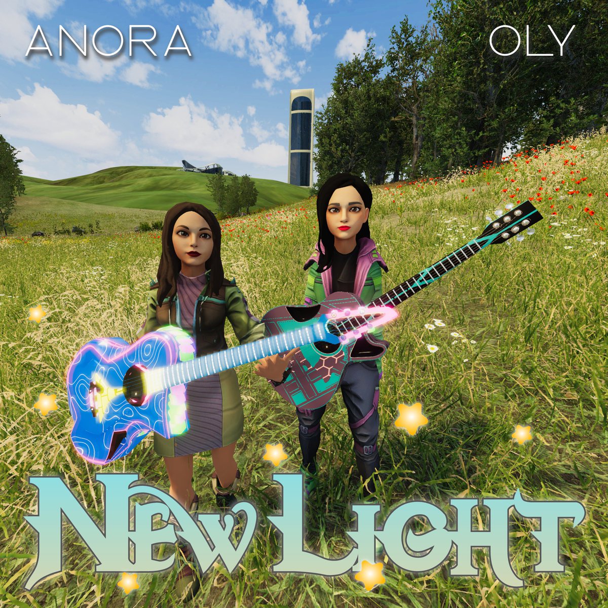 Here's an adorable alternate song cover photo my sister, <a href="/thisisanora/">ANORA</a>, and I made for "New Light" with <a href="/readyplayerme/">Ready Player Me</a> avatars and <a href="/vrGuitars/">vrGuitars 🎸</a> - taken in <a href="/SomniumSpace/">Somnium Space</a> #VR <a href="/oasismetagames/">Oasis Meta Games</a> meadows world 😍 Beam us up, Scotty!! Listen on <a href="/authencity_io/">Authencity.</a> authencity.io/post/16904 🥽
