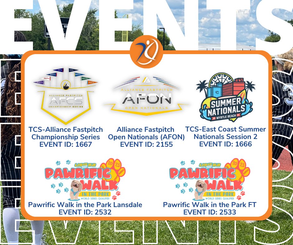 AGLSoftball's tweet photo. Another slammed weekend! Good luck to everyone competing! Here are your Event IDs! 👏🥎🔥

@TFLfastpitch @NWFLFastpitch @thealliancefp @triplecrownspts @USSSAFastpitch 

#AthletesGoLive #AGL #Softball #EventID https://t.co/44UdYpBK1M