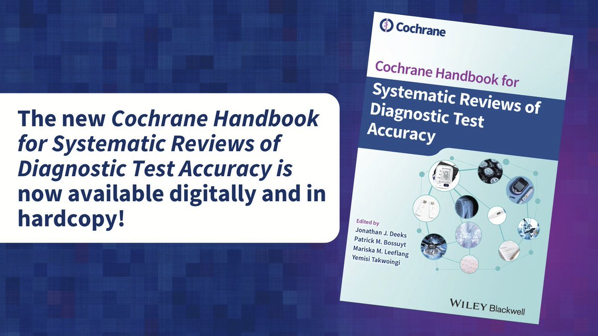 Jon Deeks FMedSci (@deeksj) on Twitter photo The Cochrane Handbook for Diagnostic Tests launched today! 20 years of work from many people <a href="/CochraneDTAteam/">CochraneTestAccuracy</a>
Details cochrane.org/news/introduci…. At Wiley or <a href="/cochranetrain/">Cochrane Training</a> online.
Thanks to coeditors <a href="/pmmbossuyt/">Patrick Bossuyt</a> Yemisi Takwoingi <a href="/leeflang_m/">Mariska Leeflang</a> and <a href="/EllaFlemyng/">Ella Flemyng</a> to get this out. The Cochrane Handbook for Diagnostic Tests launched today! 20 years of work from many people <a href="/CochraneDTAteam/">CochraneTestAccuracy</a>
Details cochrane.org/news/introduci…. At Wiley or <a href="/cochranetrain/">Cochrane Training</a> online.
Thanks to coeditors <a href="/pmmbossuyt/">Patrick Bossuyt</a> Yemisi Takwoingi <a href="/leeflang_m/">Mariska Leeflang</a> and <a href="/EllaFlemyng/">Ella Flemyng</a> to get this out.