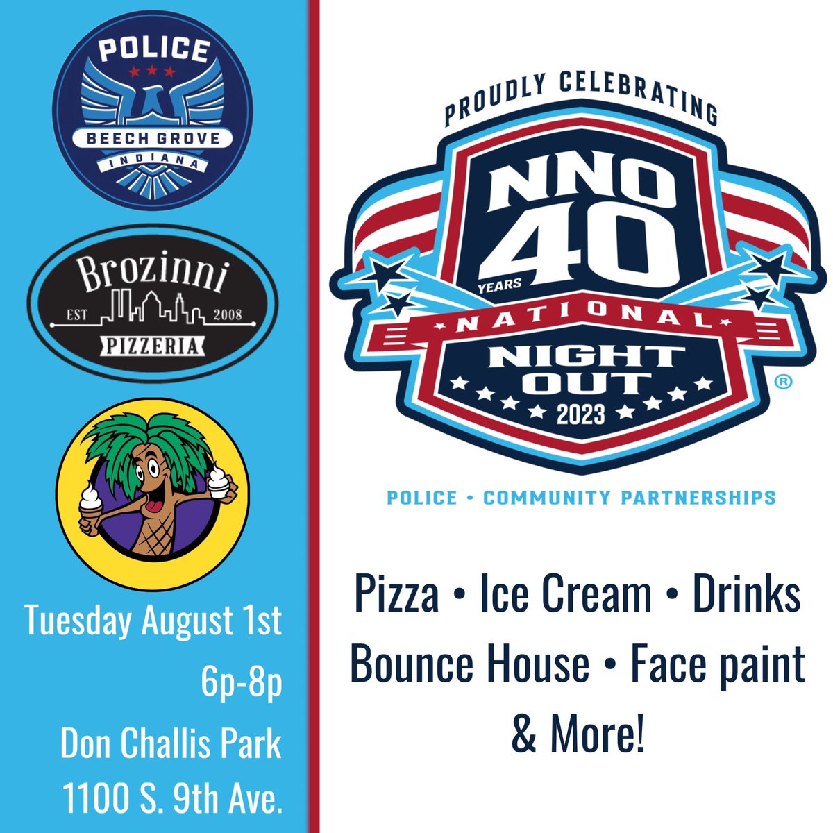 Join us for National Night Out! Tuesday, August 1st, 6p-8p Don Challis Park 1100 S. 9th Ave. @brozinni #PapaCurlIceCream #NationalNightOut