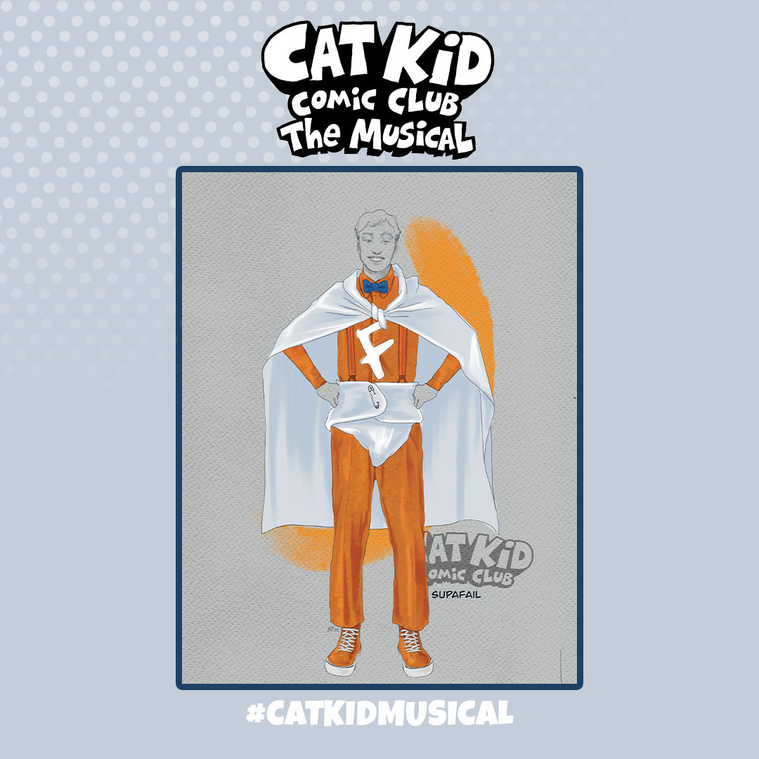 TheaterWorksUSA's tweet photo. Check it out! We have your first look at another new costume design for our brand new musical, Cat Kid Comic Club: The Musical, this time it's the one and only SUPA FAIL! Performances begin TOMORROW! Costume Design by Jen Caprio, Sketch Design by Bee Gable. #CatKidMusical https://t.co/3pipFrRz8V