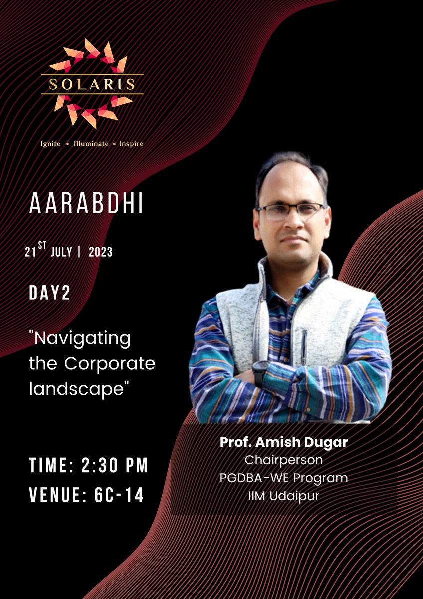 SolarisIIMU's tweet photo. The pre-event of Solaris, Aarabdhi is just tomorrow. The event will kick off with our esteemed professor, Prof. Ameesh Duggar, addressing the students which will be succeeded by a fun activity.

We are eagerly waiting to interact with you all.

#IIMUdaipur #Solaris #Leadership https://t.co/pE0ZELheMJ