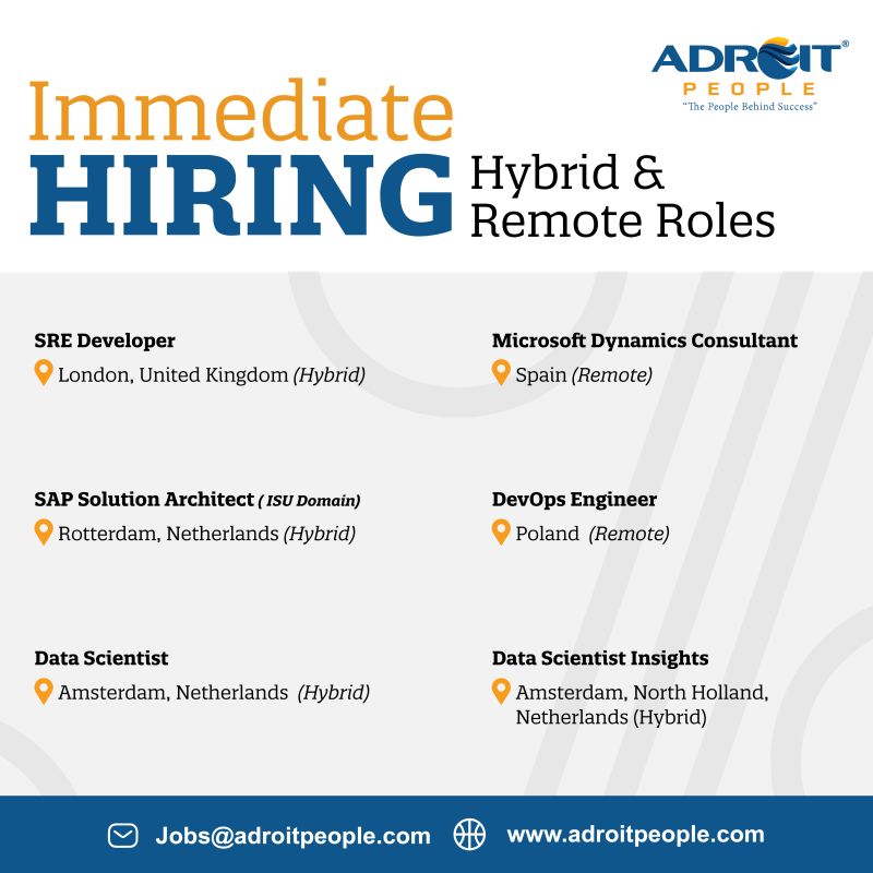 Immediate #Remote and #Hybrid Jobs in #Europe! 
Don't miss out on this fantastic chance to blend work and lifestyle - #applynow jobs@adroitpeople.com.

#remotework #poland  #londonjobs #amsterdamjobs
#spain #spainjobs #worklifebalance # #Europeanopportunities