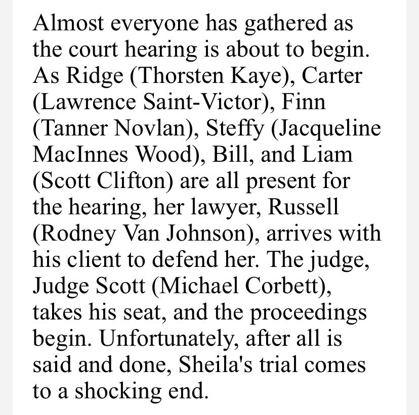 HonnyDipp's tweet photo. Thereβs a part of me that thinks the mother of one of Sheilaβs victims will burst into the courtroom and shoots/kills Sheila. But probably. Sheila will walk free. Steffy will take the kids and leave town with Liam trotting after. #BoldandBeauiful https://t.co/Ojl7s2PxjO