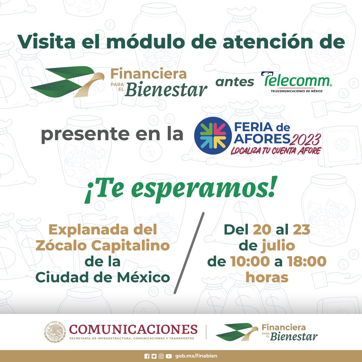 FinabienMex's tweet photo. ¡ES HOY! ✨🎉
Financiera para el Bienestar está de regreso en la Feria de AFORES 2023. 🗓️
Visita nuestro módulo de atención en donde podrás realizar:
· Aportaciones a tu Afore 📃
· Obtener tu tarjeta FINABIEN 💳
· Abrir tu cuenta de cetesdirecto y mucho más.
@CONSAR_mx https://t.co/s4xLFx1HsU
