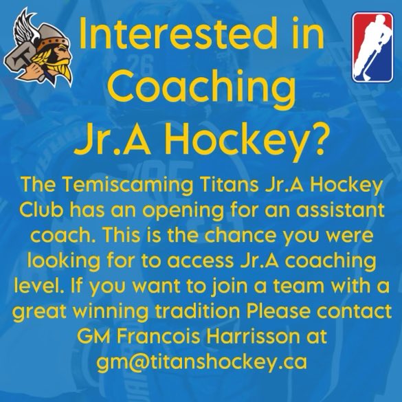 GMHLTitansGM's tweet photo. Nous avons un poste de coach adjoint disponible chez les Titans de Témiscaming JrA

We have an assistant coach opportunity opened with the JrA Temiscaming Titans 

Please message me or 
gm@titanshockey.ca

Tradition gagnante/winning tradition 

Titans…the name says it all 🏆 https://t.co/N6cKJ1IxFN