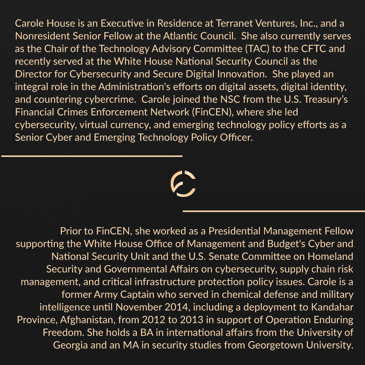 FinancialClubUS's tweet photo. Member Spotlight: Carole House, Executive in Residence, Terranet Ventures, Senior Non-Resident Fellow, @AtlanticCouncil.
Carole  also currently serves as the Chair of the (TAC) to the @CFTC. 
Catch her at the upcoming Club gatherings in SF and NYC -> https://t.co/uATK1d3Glt https://t.co/vOsxRRHaKH