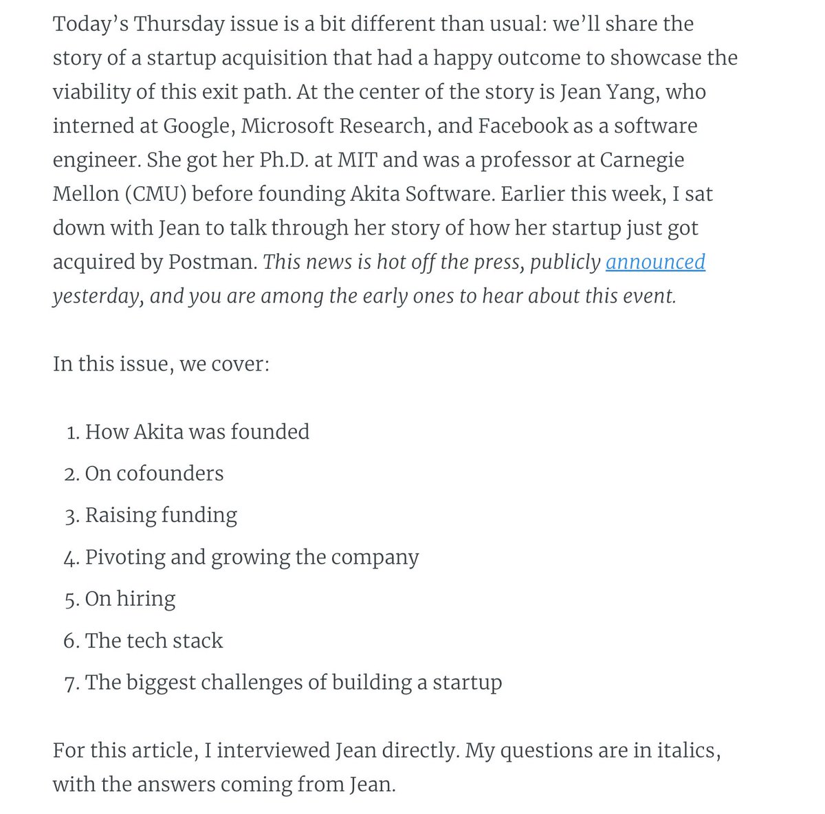 The Pragmatic Engineer (@pragmatic_eng) on Twitter photo Hot news off the press: Postman acquired observability startup Akita Software. I sat down with Akita's founder and CEO, <a href="/jeanqasaur/">✨ Jean Yang ✨</a> to get more details about the history of Akita, and advice on selling startups.
Today's free issue goes into the details: blog.pragmaticengineer.com Hot news off the press: Postman acquired observability startup Akita Software. I sat down with Akita's founder and CEO, <a href="/jeanqasaur/">✨ Jean Yang ✨</a> to get more details about the history of Akita, and advice on selling startups.
Today's free issue goes into the details: blog.pragmaticengineer.com