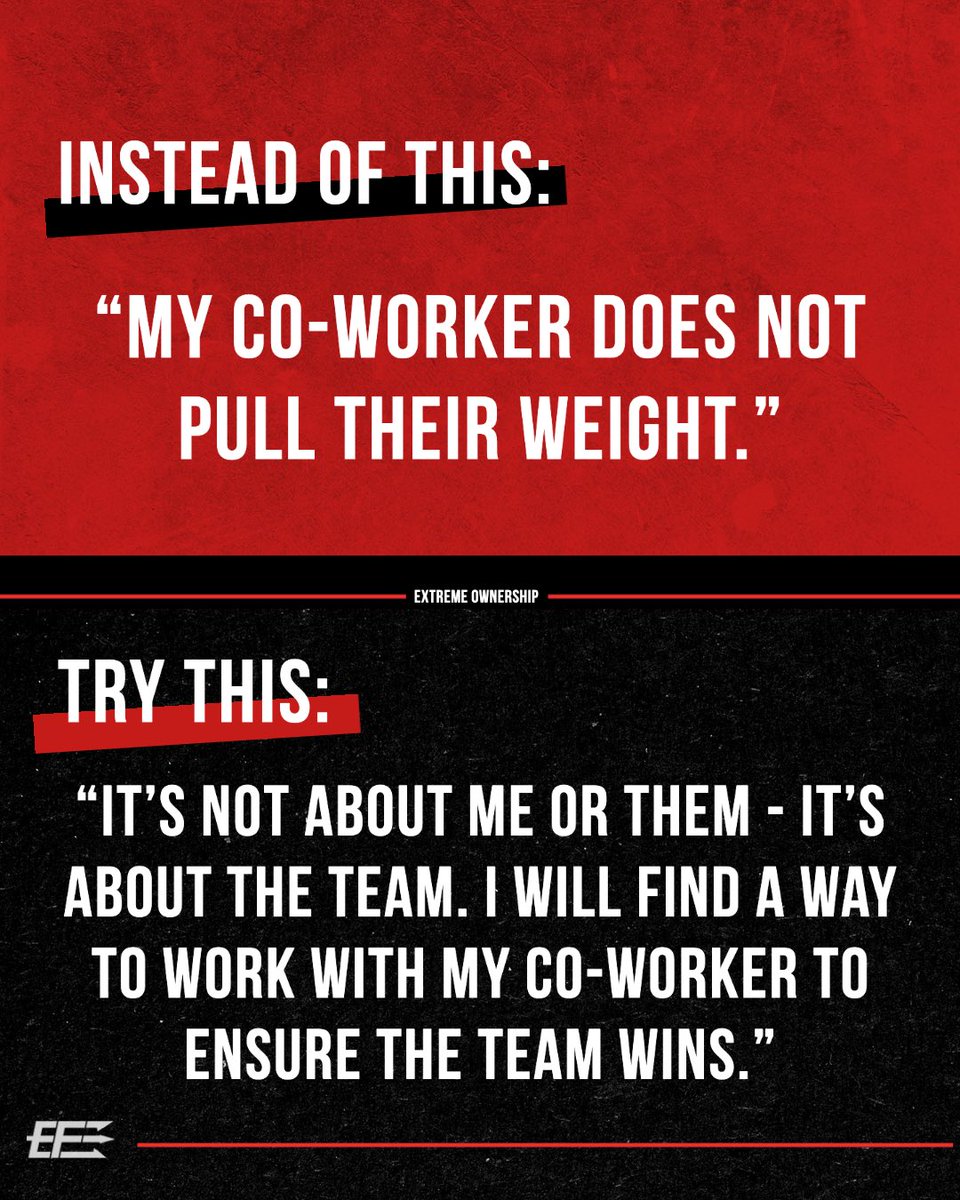 EchelonFront's tweet image. Reframe the problem and your role in it. Instead of blaming other people and circumstances, take ownership.

Your excuses and lack of responsibility won’t cut it when you are taking #ExtremeOwnership.