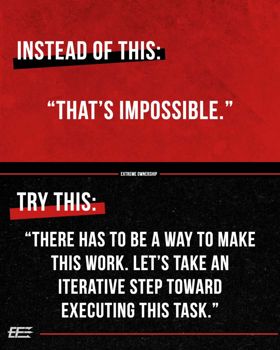 EchelonFront's tweet image. Reframe the problem and your role in it. Instead of blaming other people and circumstances, take ownership.

Your excuses and lack of responsibility won’t cut it when you are taking #ExtremeOwnership.