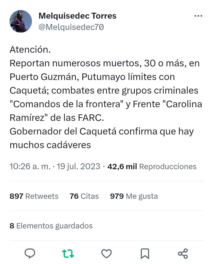 waldoalarconho1's tweet photo. El general designado por el gobierno petro para acabar con los otros grupos narcoterroristas que delinquen en la frontera con Venezuela, Ecuador y Perú es alias Ivan Mordisco FARC, desde ayer sostienen combates en zona de puerto Guzman Putumayo, donde llevan más de 30 muertos. https://t.co/v8cRqwSj1S