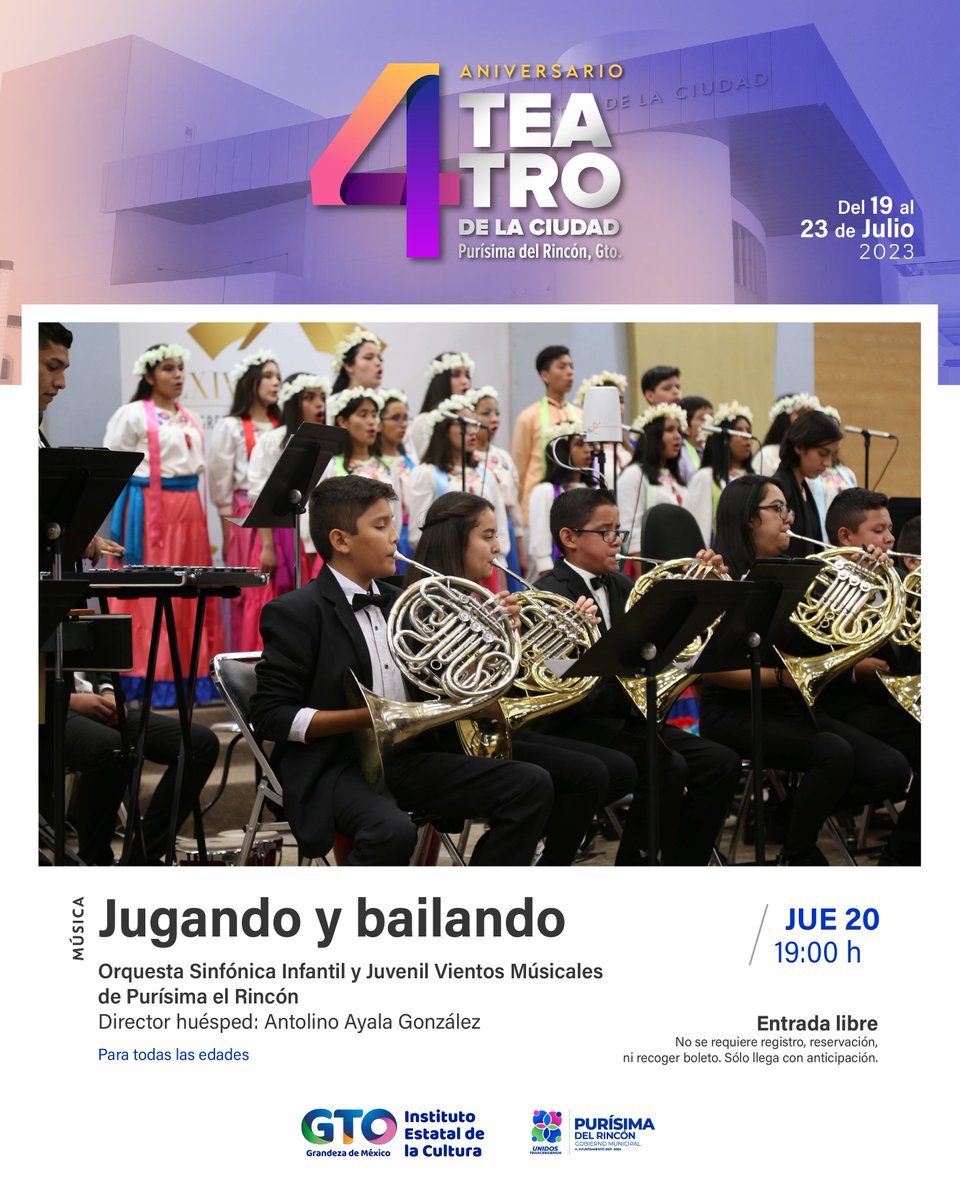 El talento de casa se hace presente hoy en nuestro programa de aniversario. Te esperamos en el concierto de la Orquesta Sinfónica Infantil y Juvenil Vientos Musicales de Purísima del Rincón. Entrada libre.